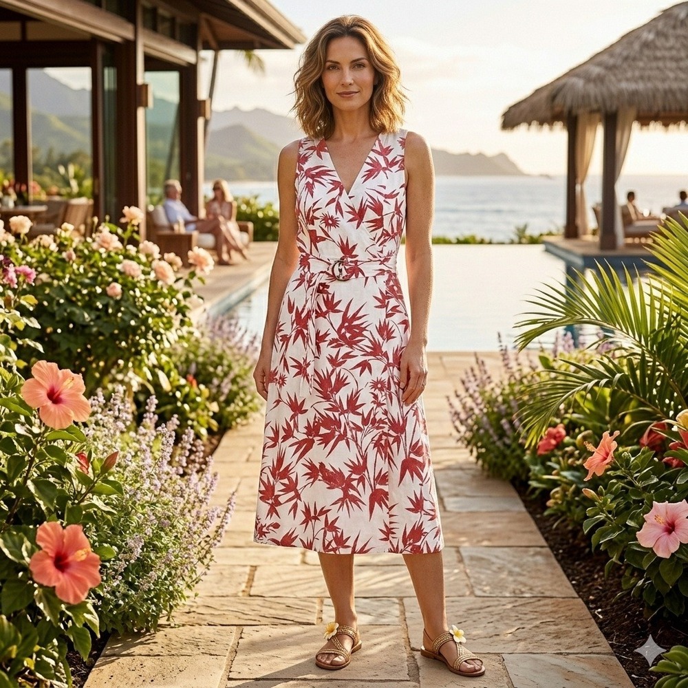 Polo Ralph Lauren Wrap Dress Womens 4 White Red Linen Tropical Bamboo Bird Print